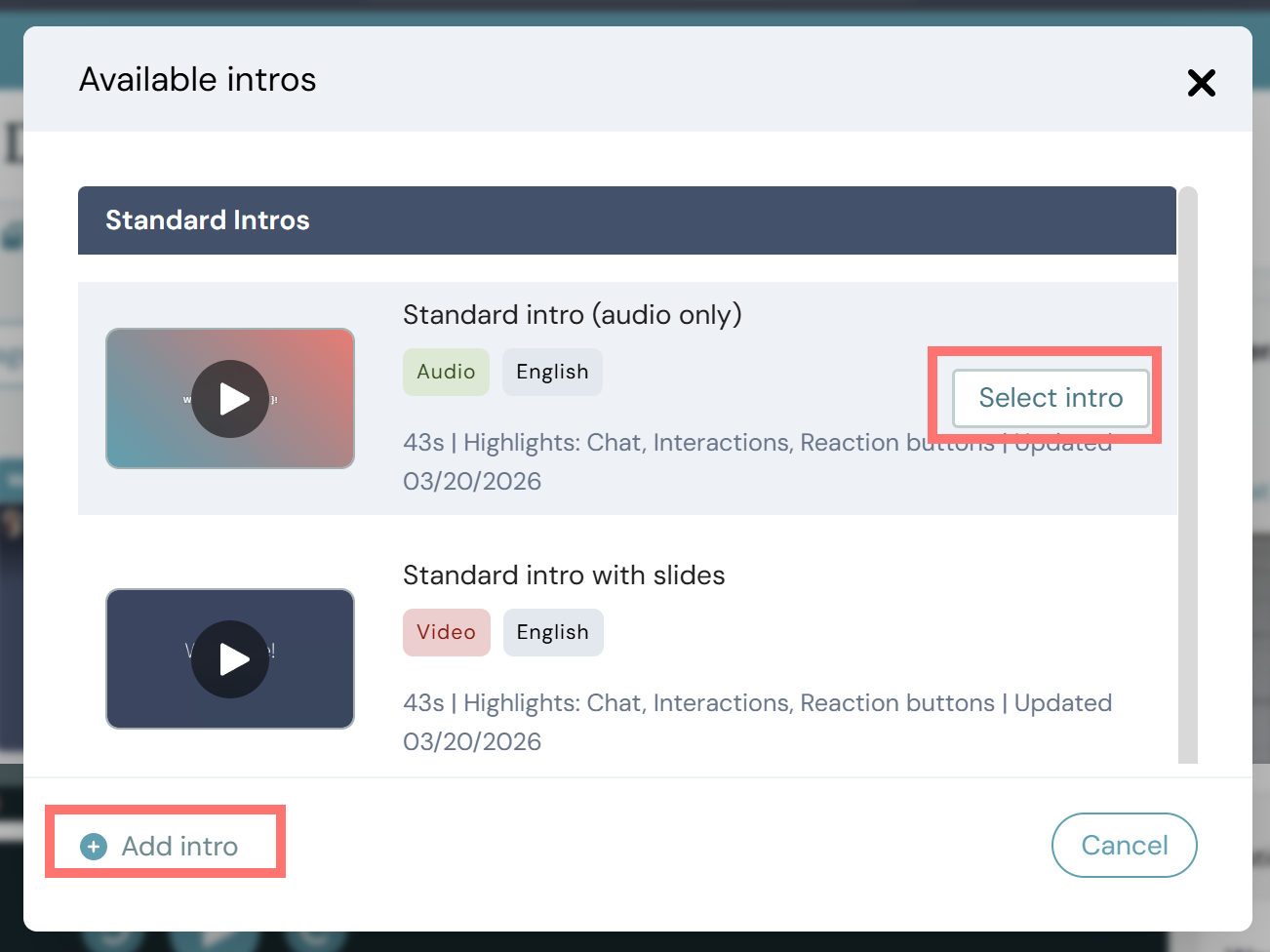 Choose eWebinar intro dialog showing Standard Intros