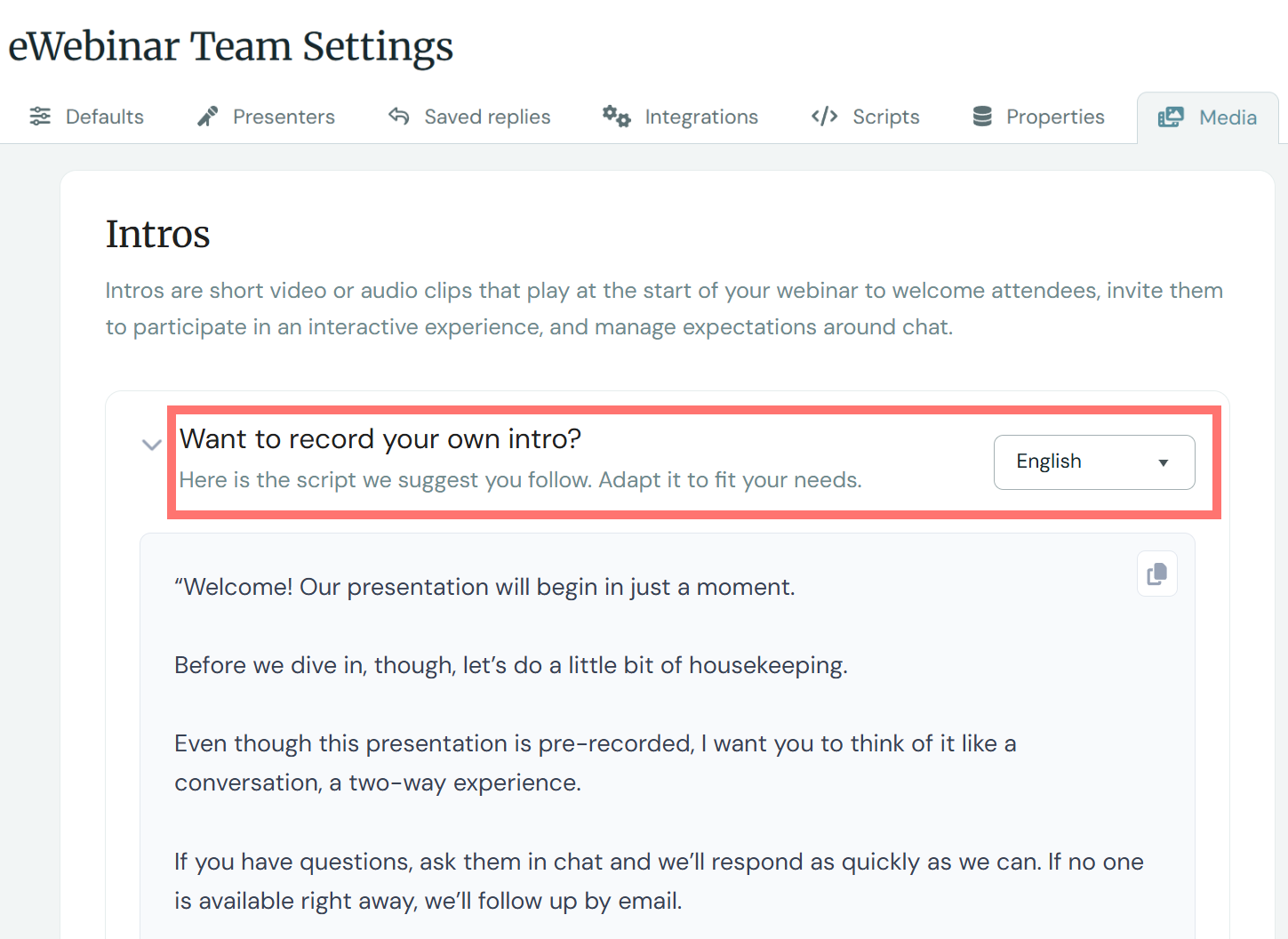 eWebinar's built-in intro script template for recording your own intro