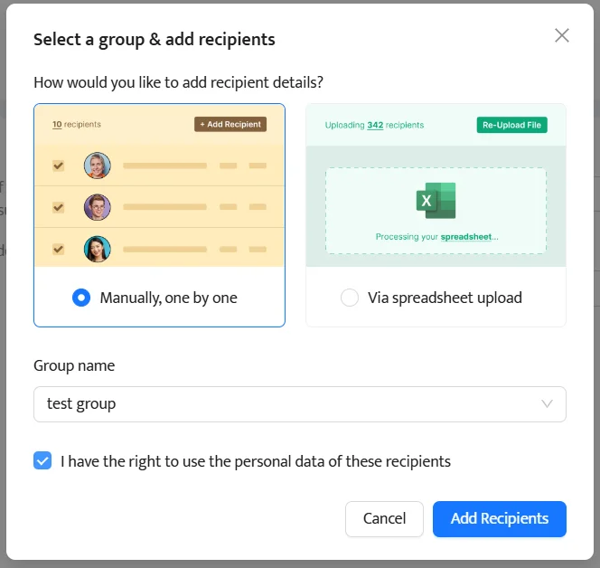 certifier manual add recipients
