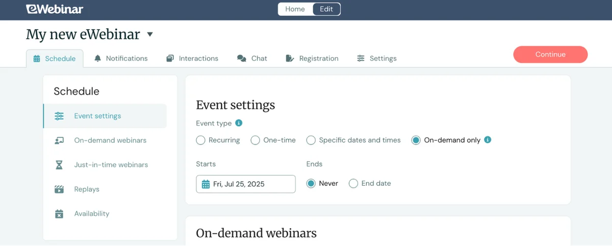Webinar setup dashboard with scheduling and event settings.