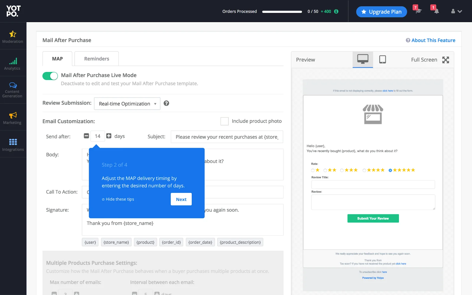 YOT PO Dashboard interface for email automation with customization options and a blue pop-up guide.