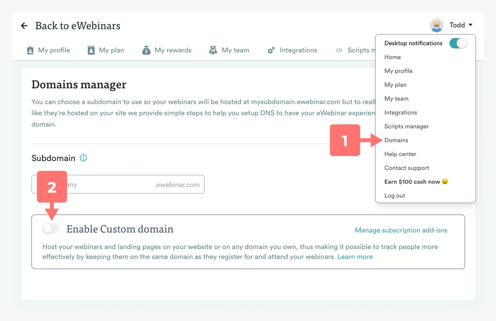 Screenshot 1 for How do I host my registration and webinar pages on my own domain?