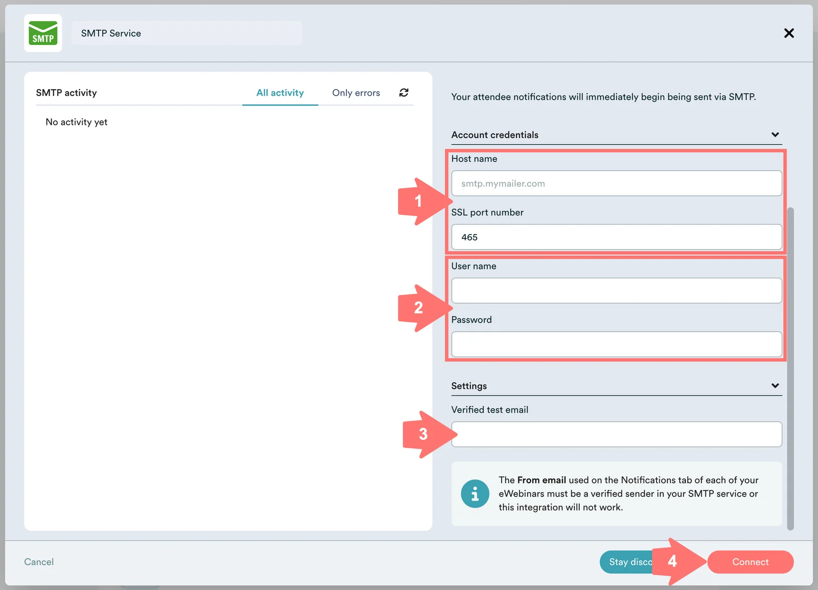 Screenshot 2 for How do I integrate eWebinar with an SMTP service in order to send notifications to attendees from my email platform of choice?