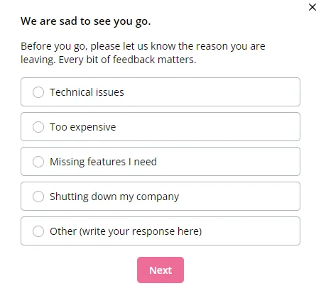 Exit survey form with reasons for leaving and a 'Next' button.