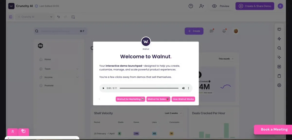 Interactive demo dashboard with welcome pop-up for Walnut.