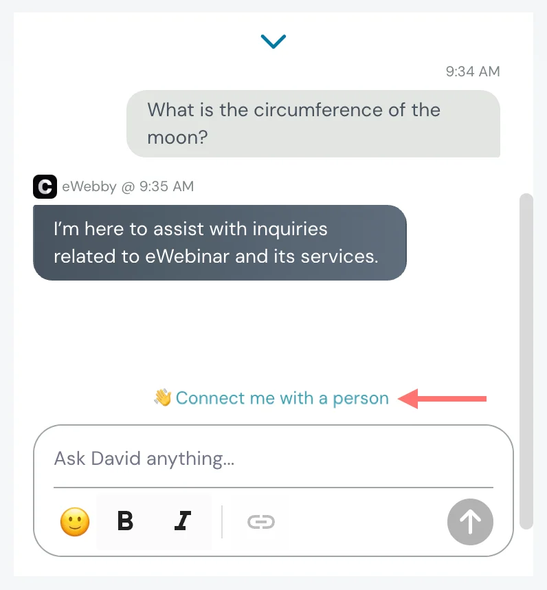 eWebinar Chatbase integration "connect me with a person" Option