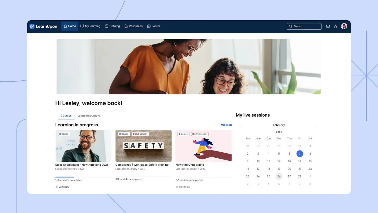 Online learning dashboard with courses and calendar.