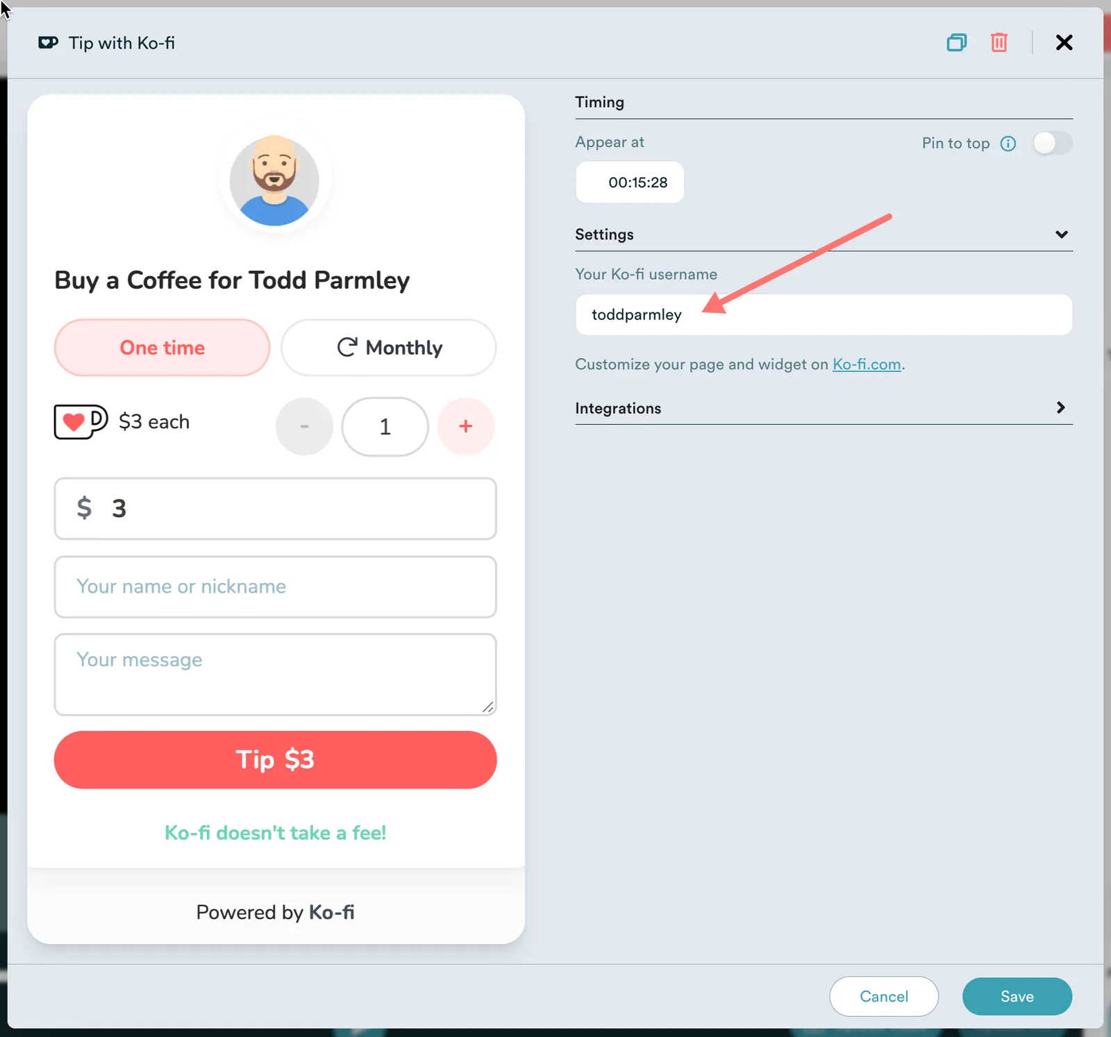 Edit modal for Ko-fi interaction in eWebinar