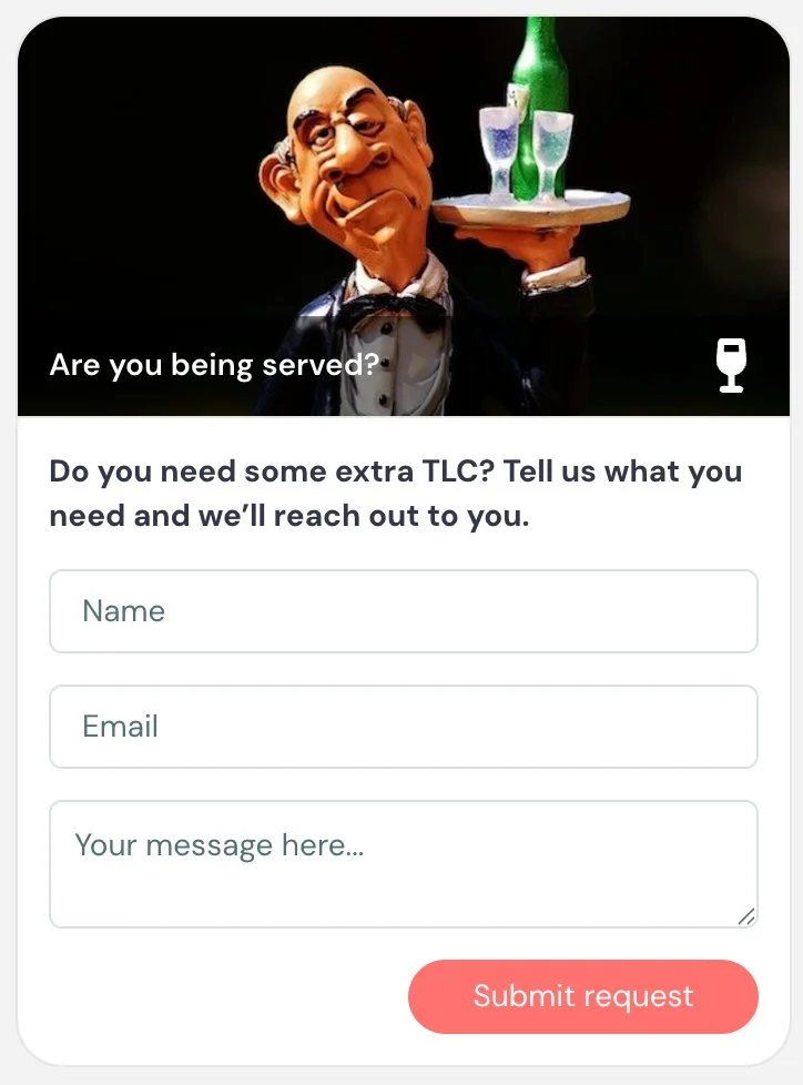 Customer service form with waiter figurine and submit button.