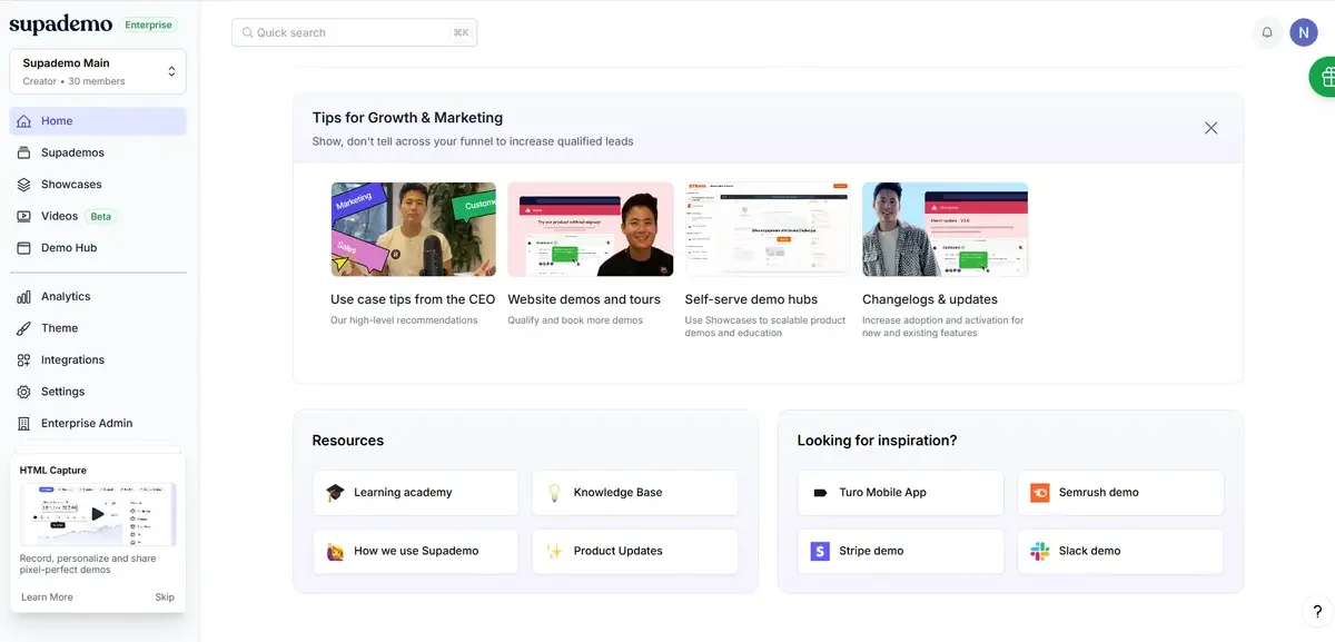 Supademo Dashboard showing marketing tips and resources with sidebar menu.