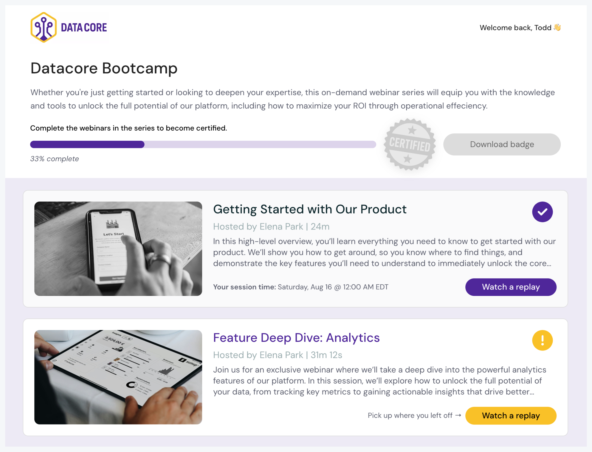 Webinar dashboard with progress bar and session replays.