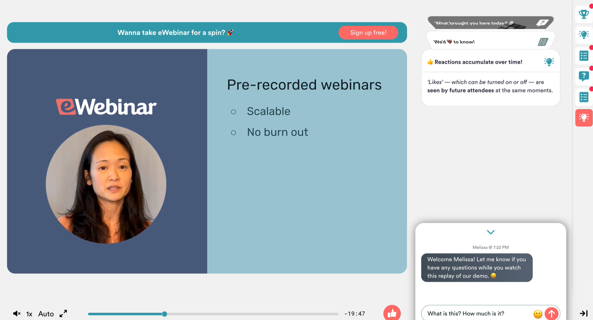 Webinar interface with video, chat, and tips.
