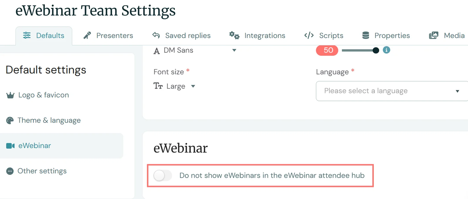 eWebinar Team Settings interface with webinar display toggle.