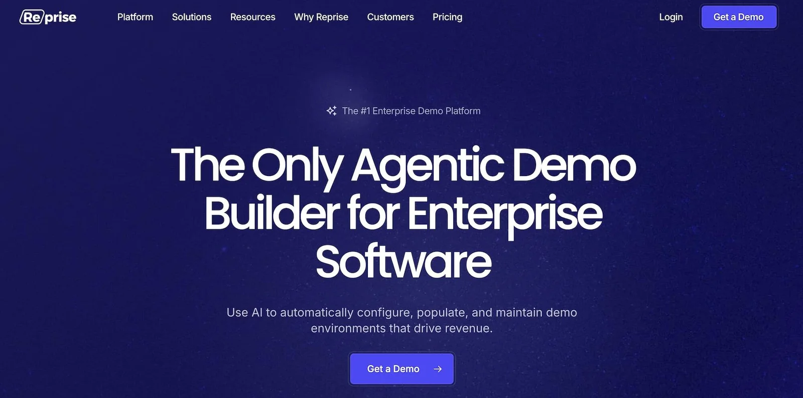 Reprise homepage: The Only Agentic Demo Builder for Enterprise Software