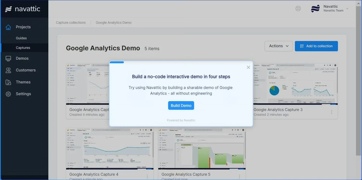 Navattic demo interface with pop-up for no-code demo creation.