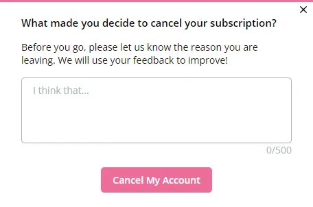 Subscription cancellation form with feedback text box and cancel button.