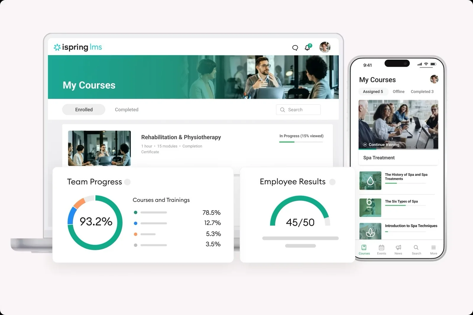 LMS dashboard on laptop and mobile with progress charts.