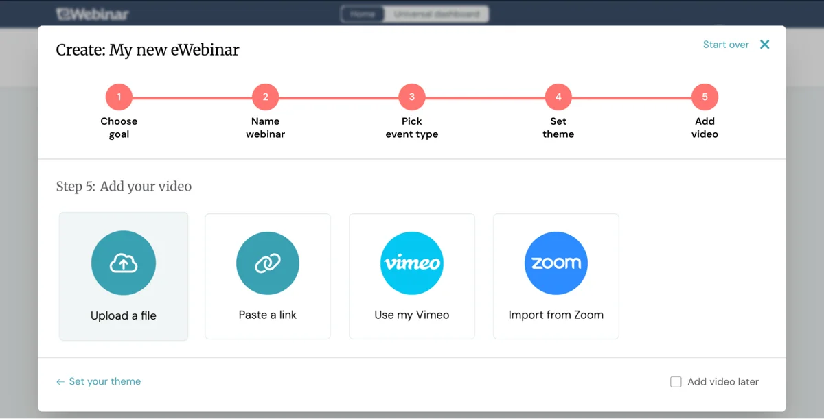Webinar creation interface showing video upload options.