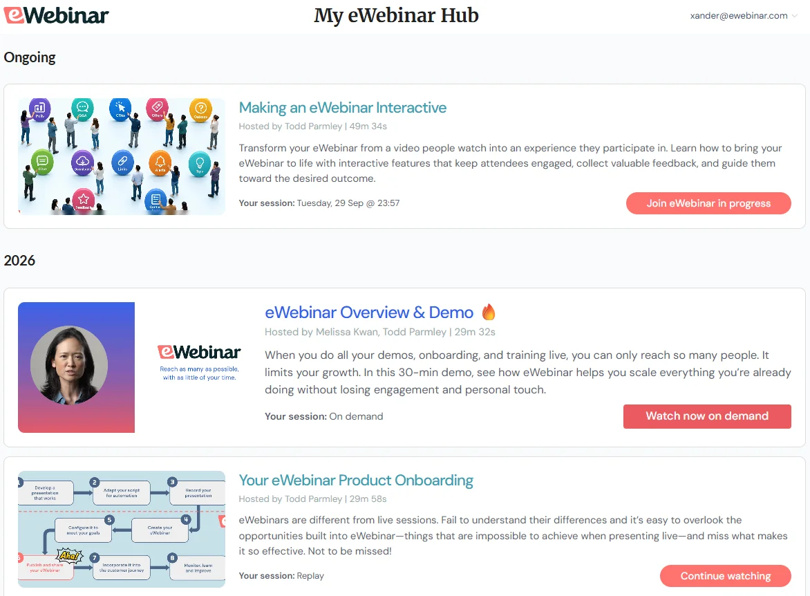 eWebinar dashboard with ongoing and upcoming webinars listed.