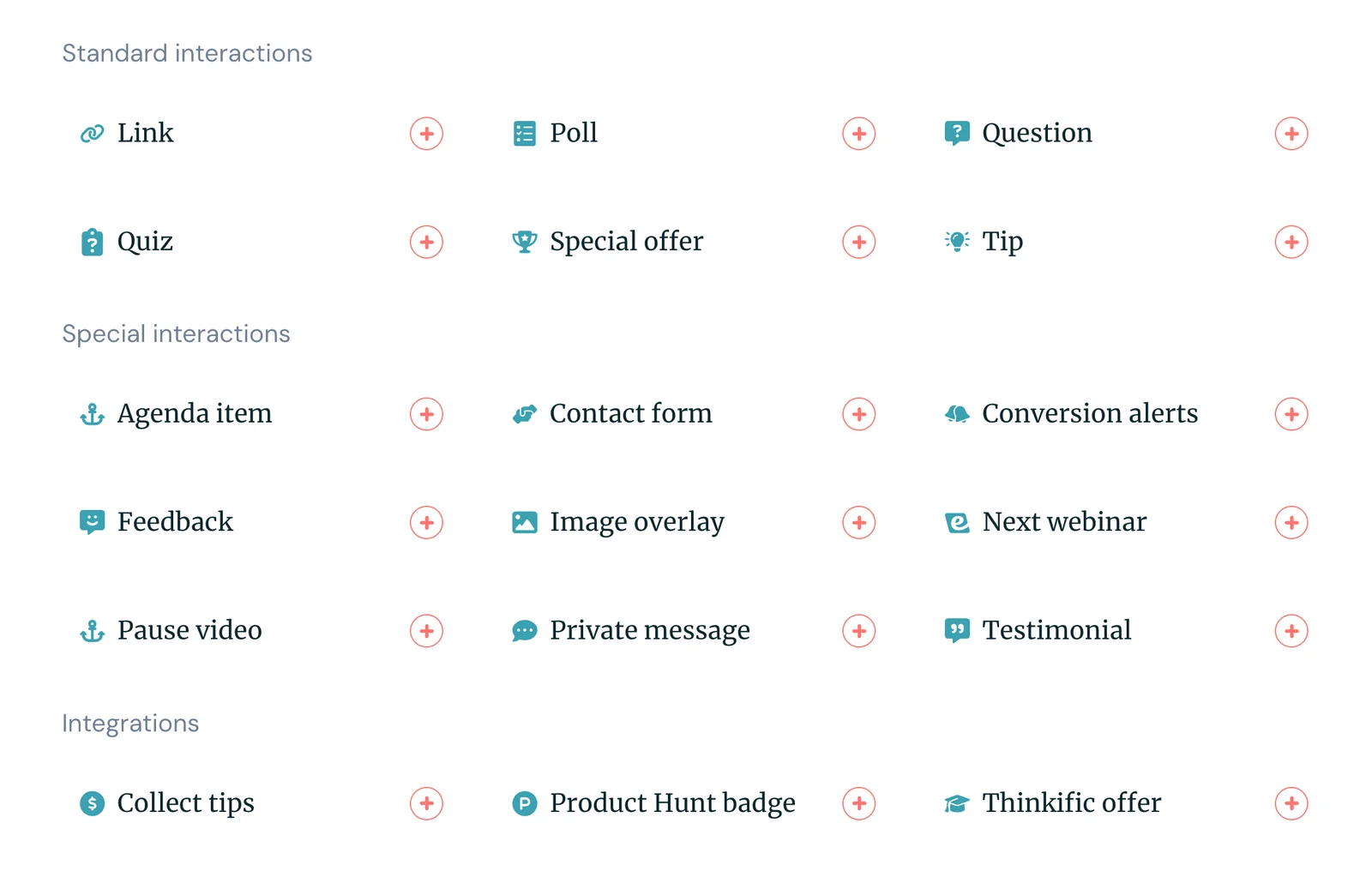 eWebinar's Standard Interactions, Special Interactions & Integrations