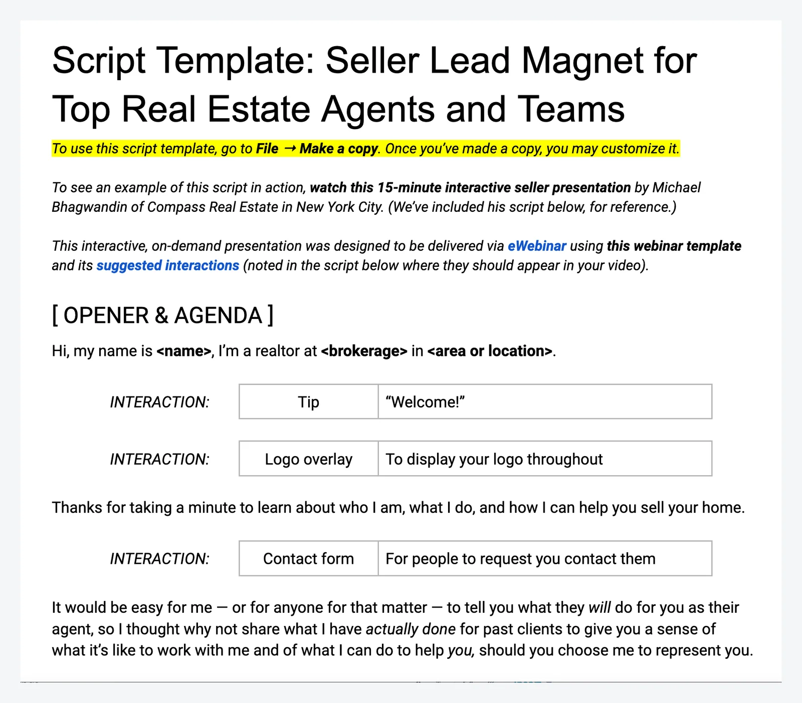 Script template for real estate agents with interactive elements.