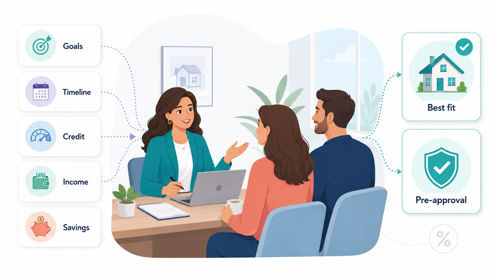 Illustration of a mortgage consultation with a couple and financial icons.