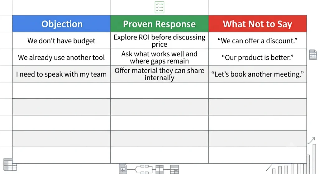 Objection handling Table with sales objections, responses, and phrases to avoid.
