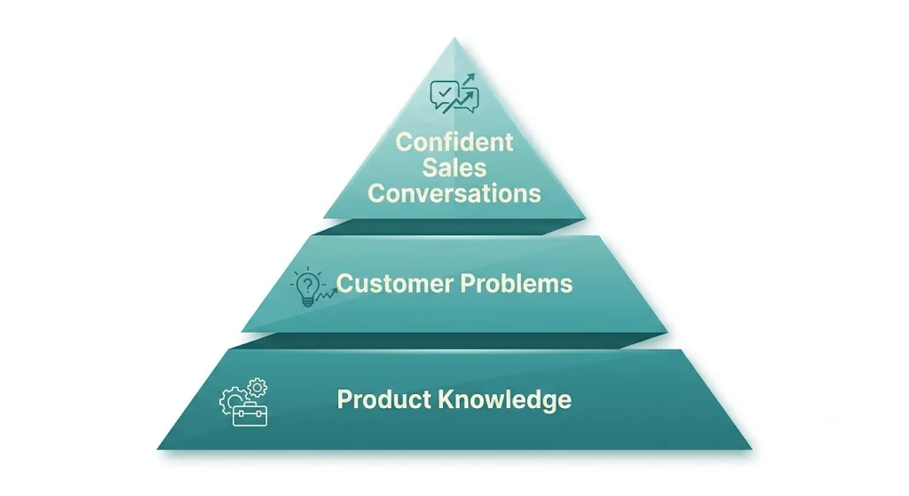 Pyramid chart with tiers: Product Knowledge, Customer Problems, Confident Sales Conversations.