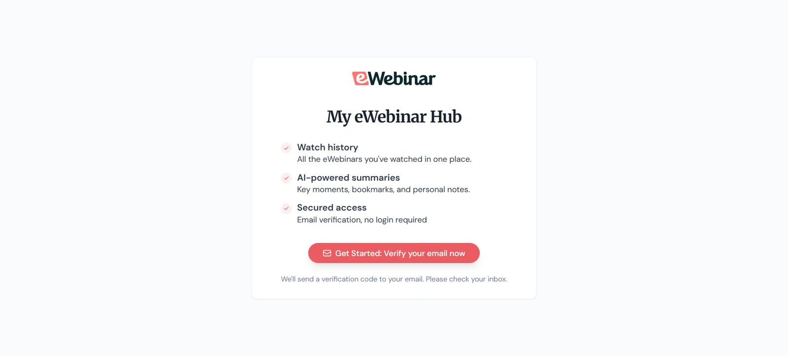 eWebinar Hub page with features and email verification button.