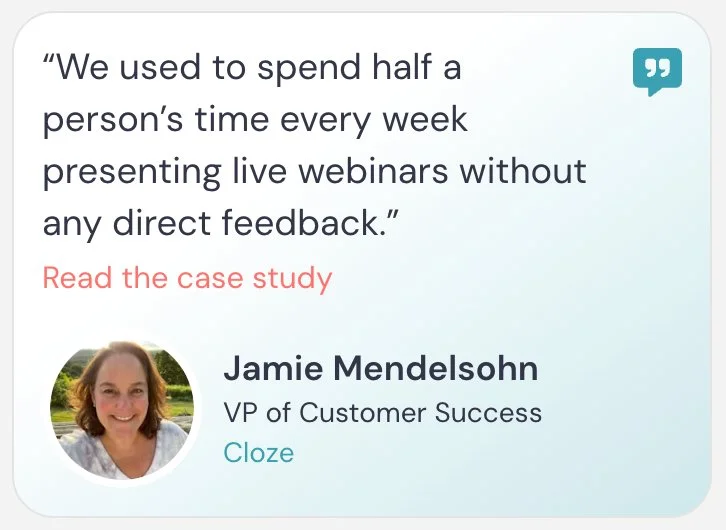 Testimonial quote from Jamie Mendelsohn about webinars.