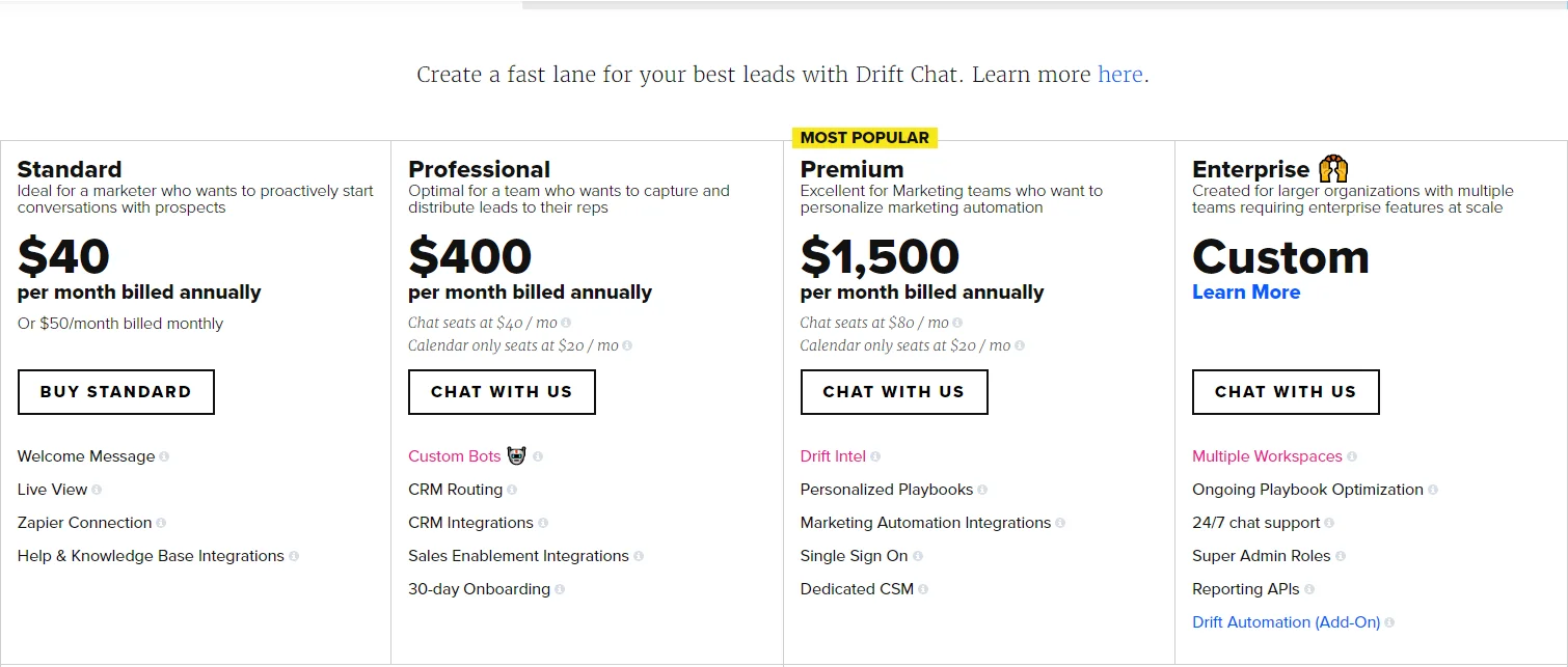 drift chat pricing