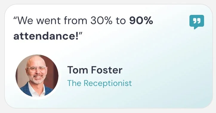 Testimonial card with quote and photo of Tom Foster, The Receptionist.