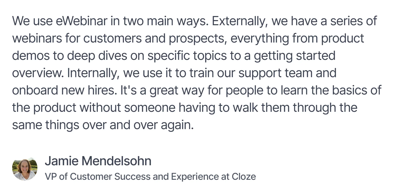 Testimonial on using eWebinar for training and demos by Jamie Mendelsohn.