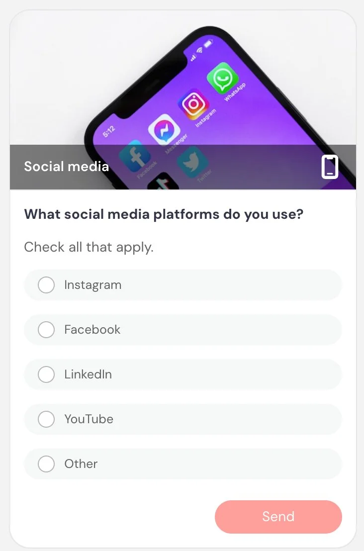 Survey form asking about social media platform usage with a smartphone showing app icons.
