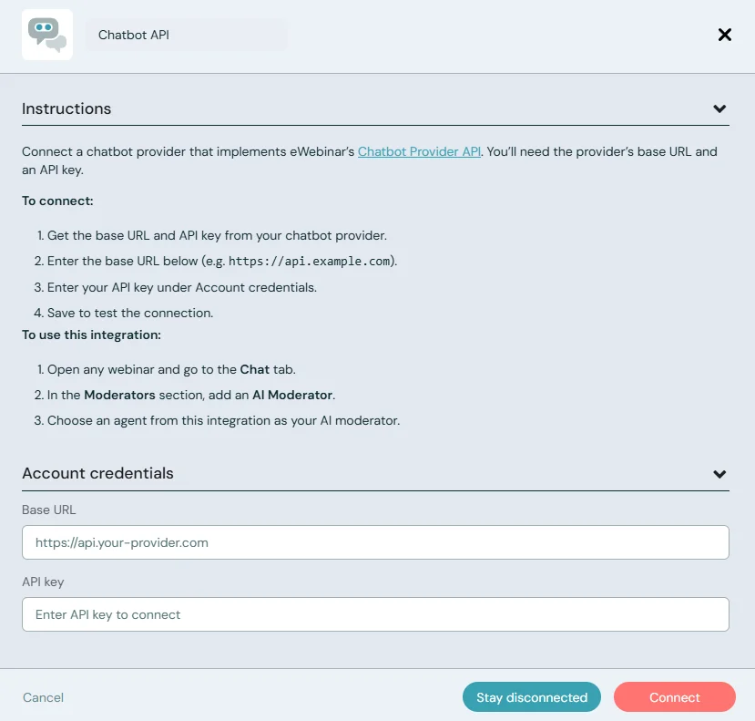 chatbot api integration modal