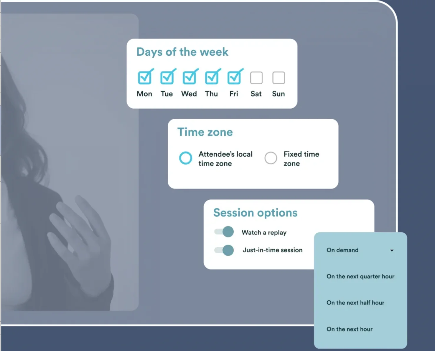 eWebinar scheduling interface with day, time zone, and session options.