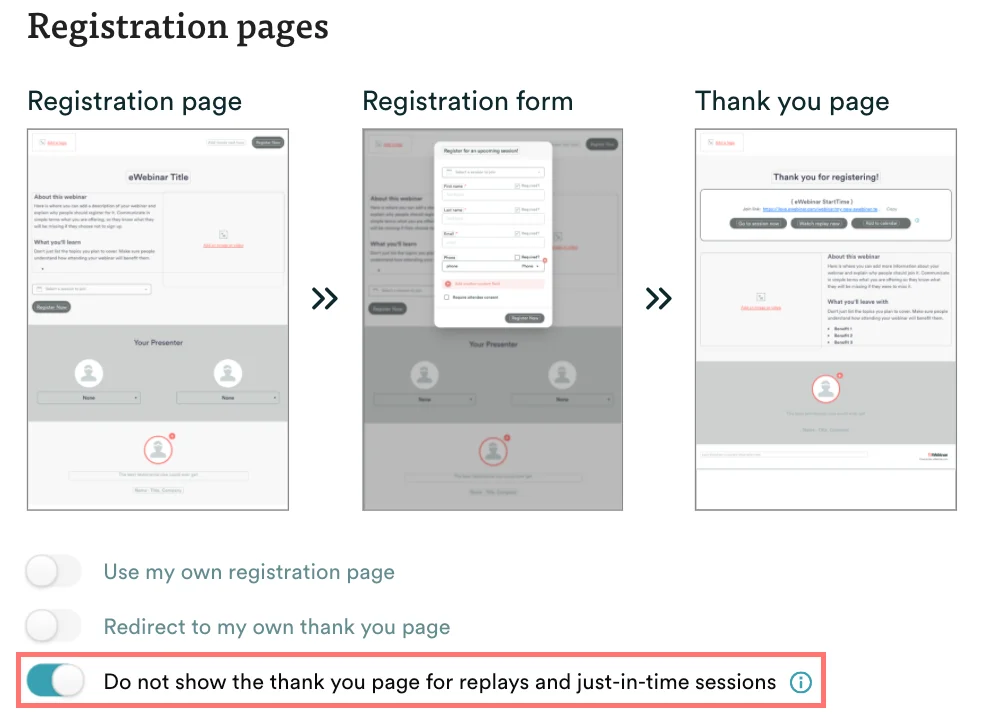 Toggle showing option to skip thank you page turned on