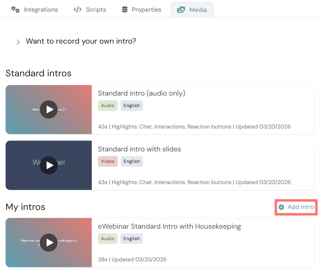 Webinar intro management interface with options for audio and video intros.