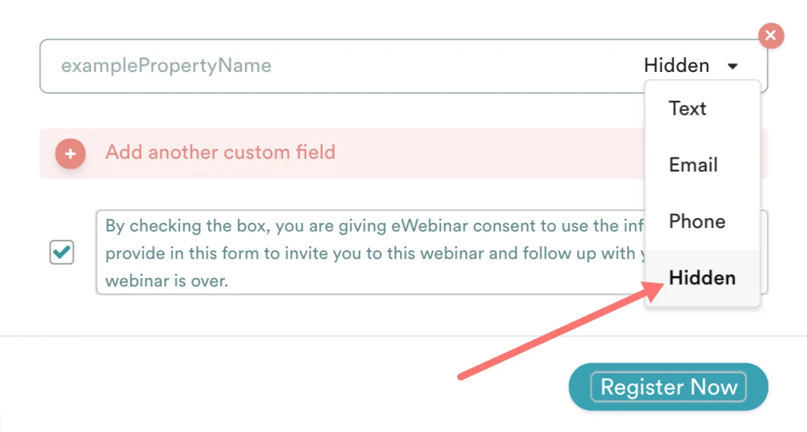 Edit form showing hidden field option
