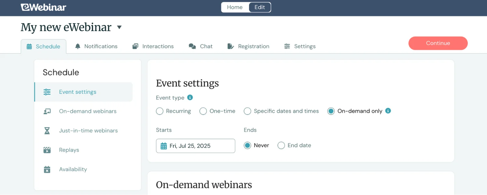 My New eWebinar Schedule and Event Settings