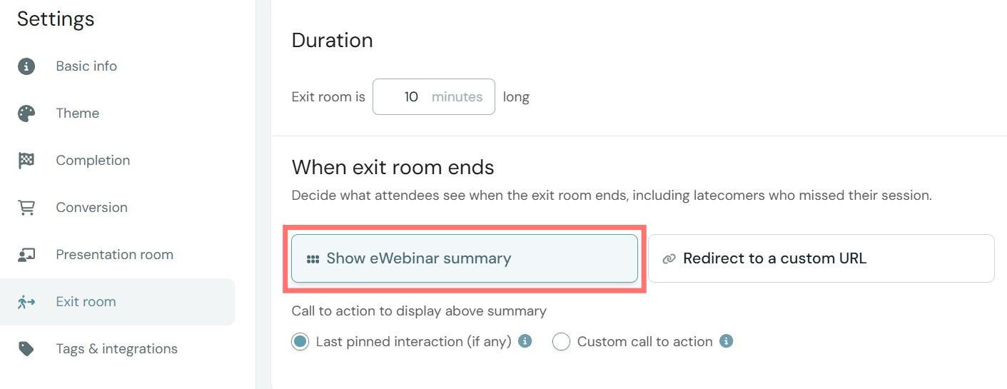 Webinar exit room settings interface with duration and end options.