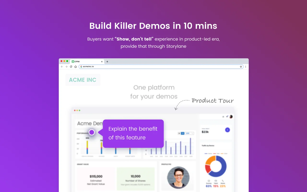 Storylane digital slide showing a product demo interface with charts and annotations.