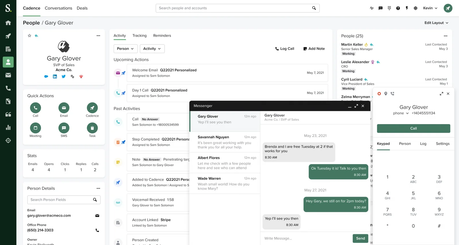 Salesloft homepage dashboard with contact details and messaging window.
