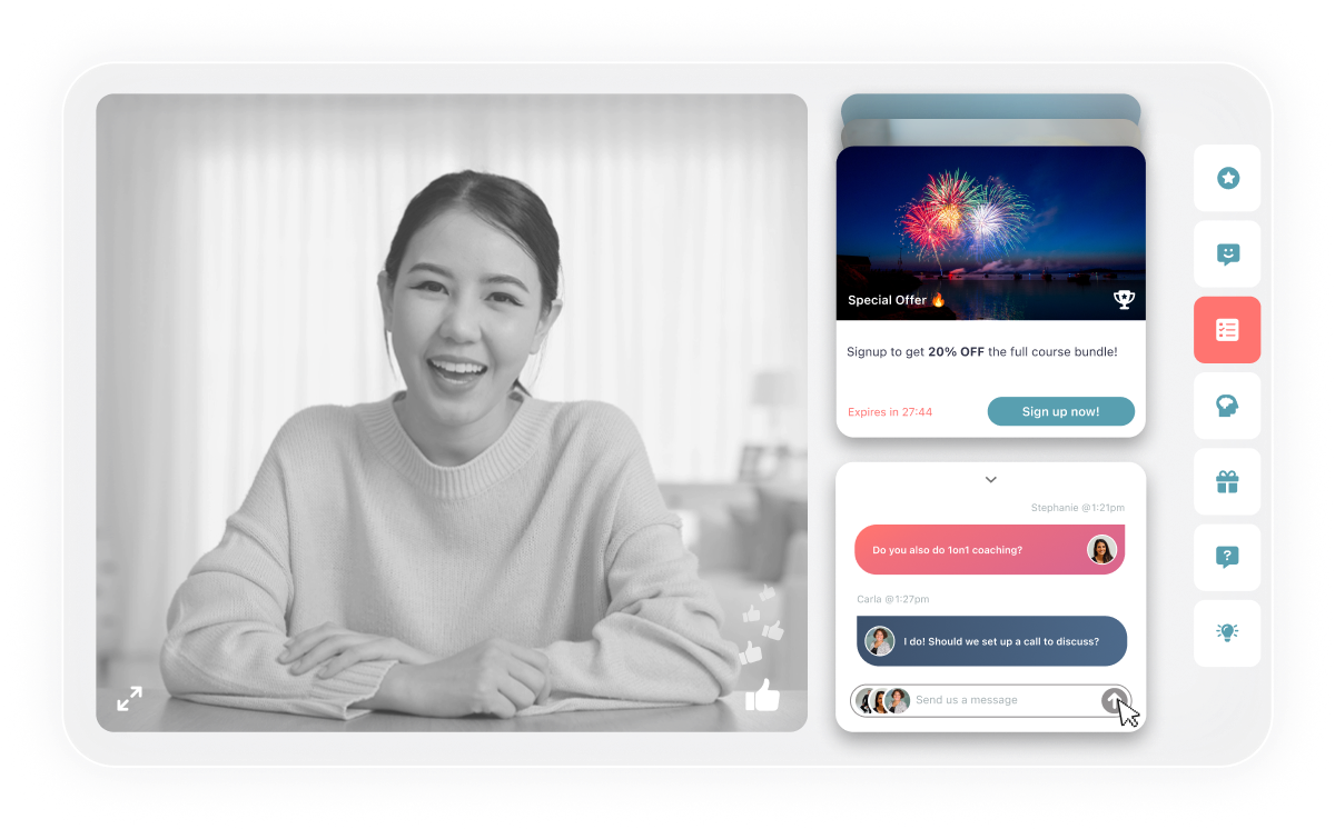 eWebinar room with woman and chat interface showing messages and offer.