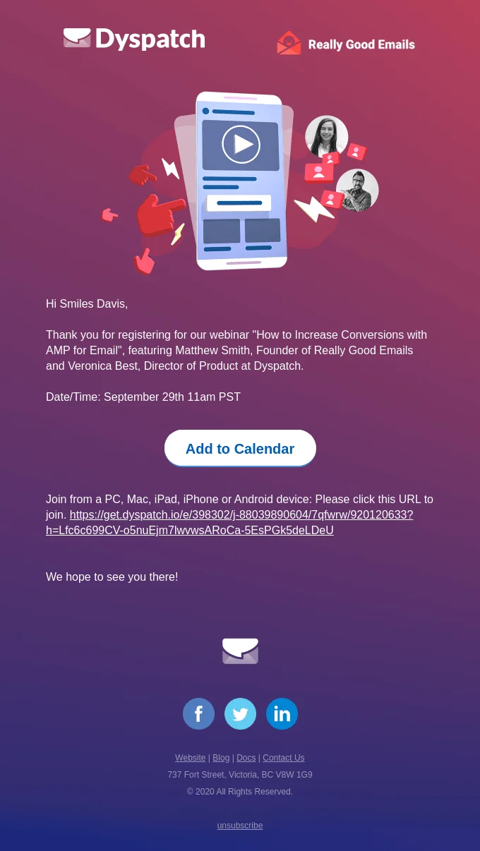 registration confirmation email from Dyspatch