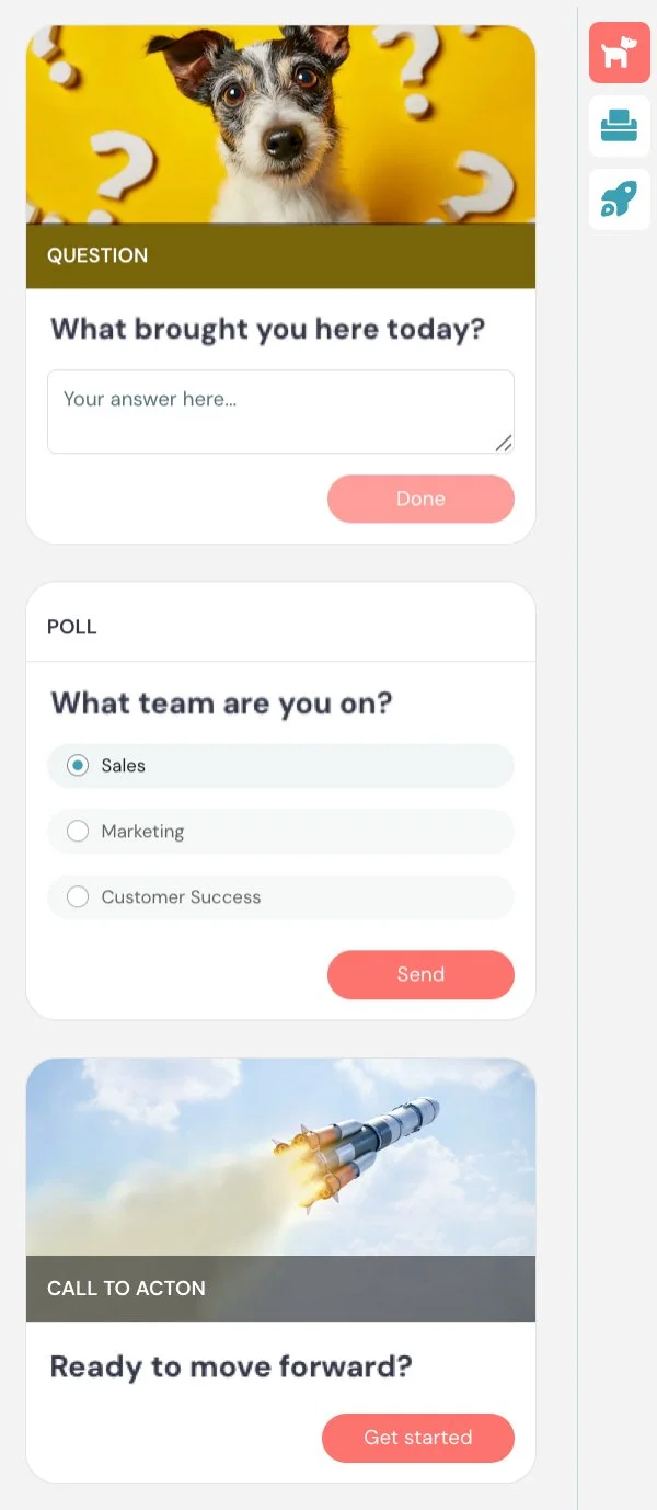 Dog, poll, and rocket icon matching example