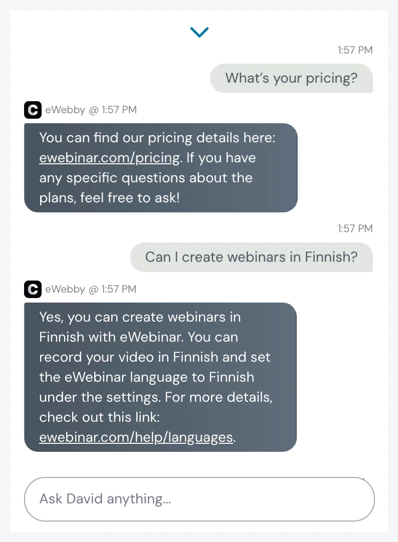 Chatbase in eWebinar discussing webinar pricing and language options.