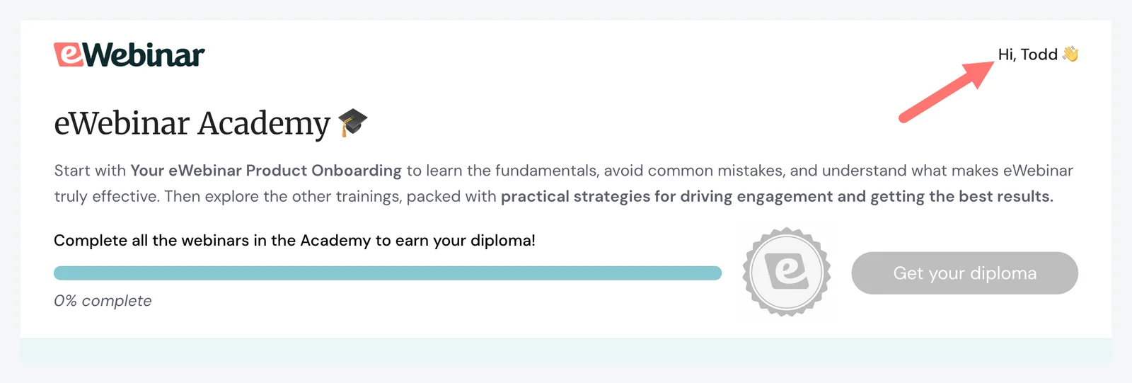 eWebinar Academy dashboard with progress bar and welcome message.