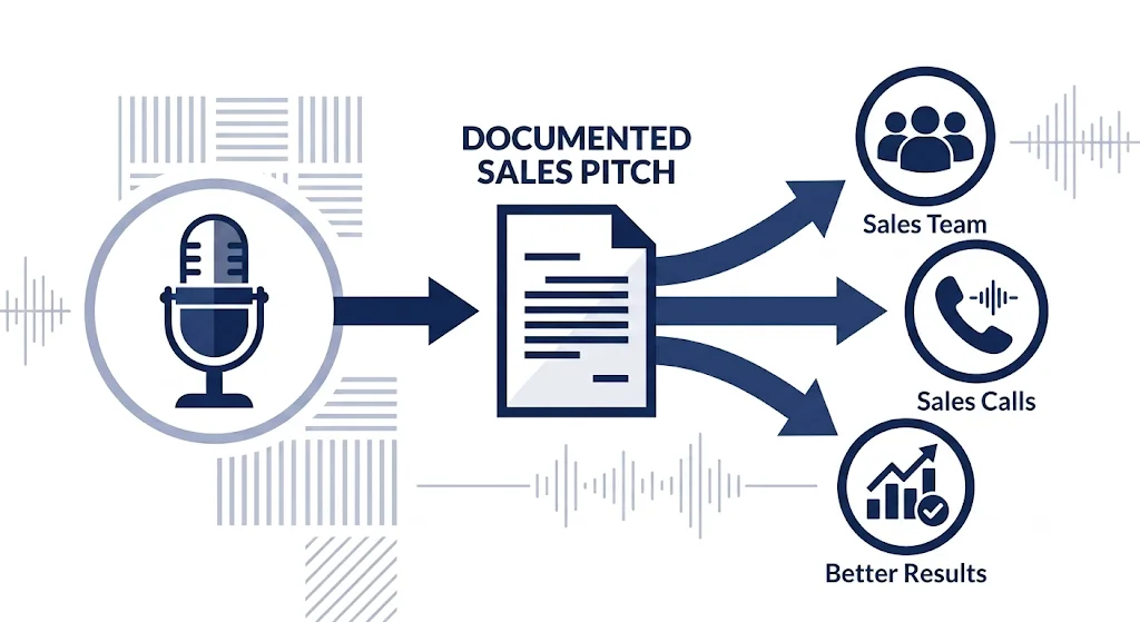 Infographic of documented sales pitch process with icons and arrows.
