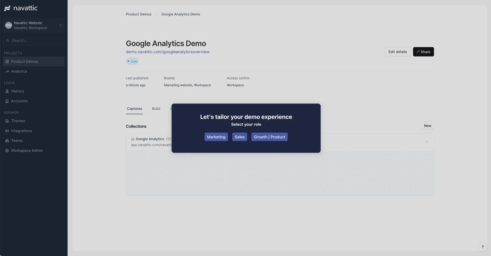 Navattic Google Analytics demo page with a pop-up for tailoring the demo experience.